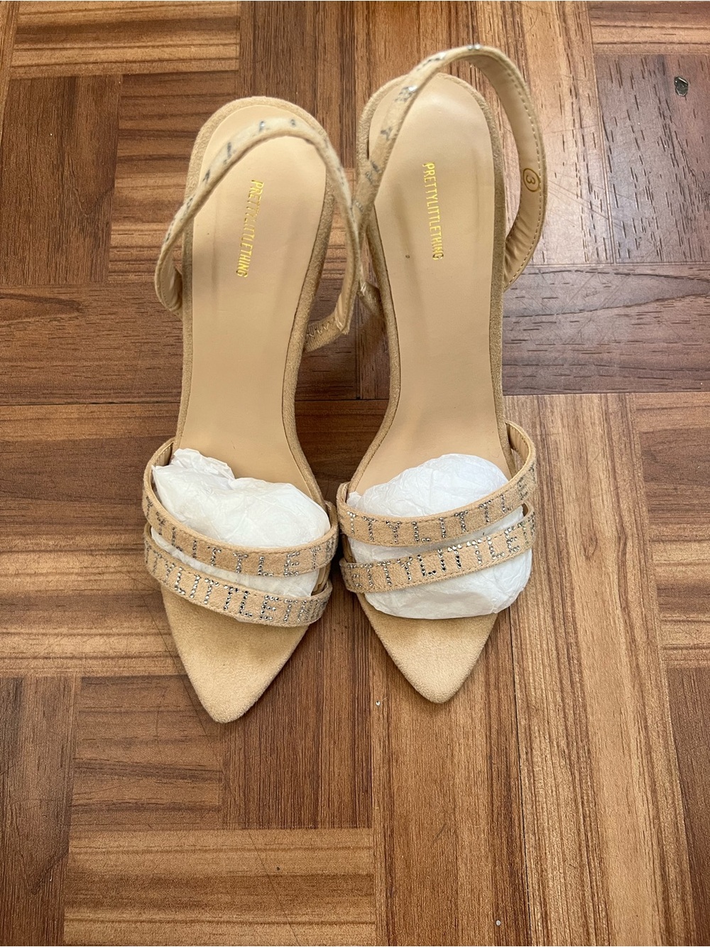 Pretty Little Thing suede rhinestone high heel